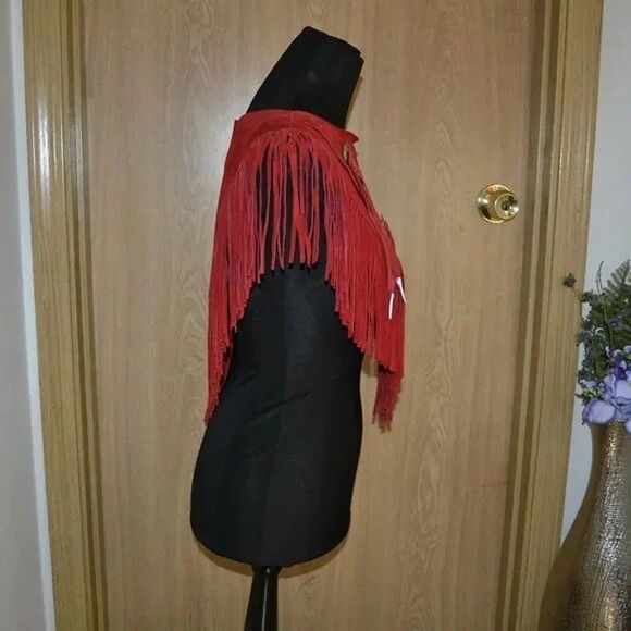 Vintage Pioneer Wear Red Genuine Leather Fringe Bib Shawl Made in USA Cowboy - Picture 5 of 11